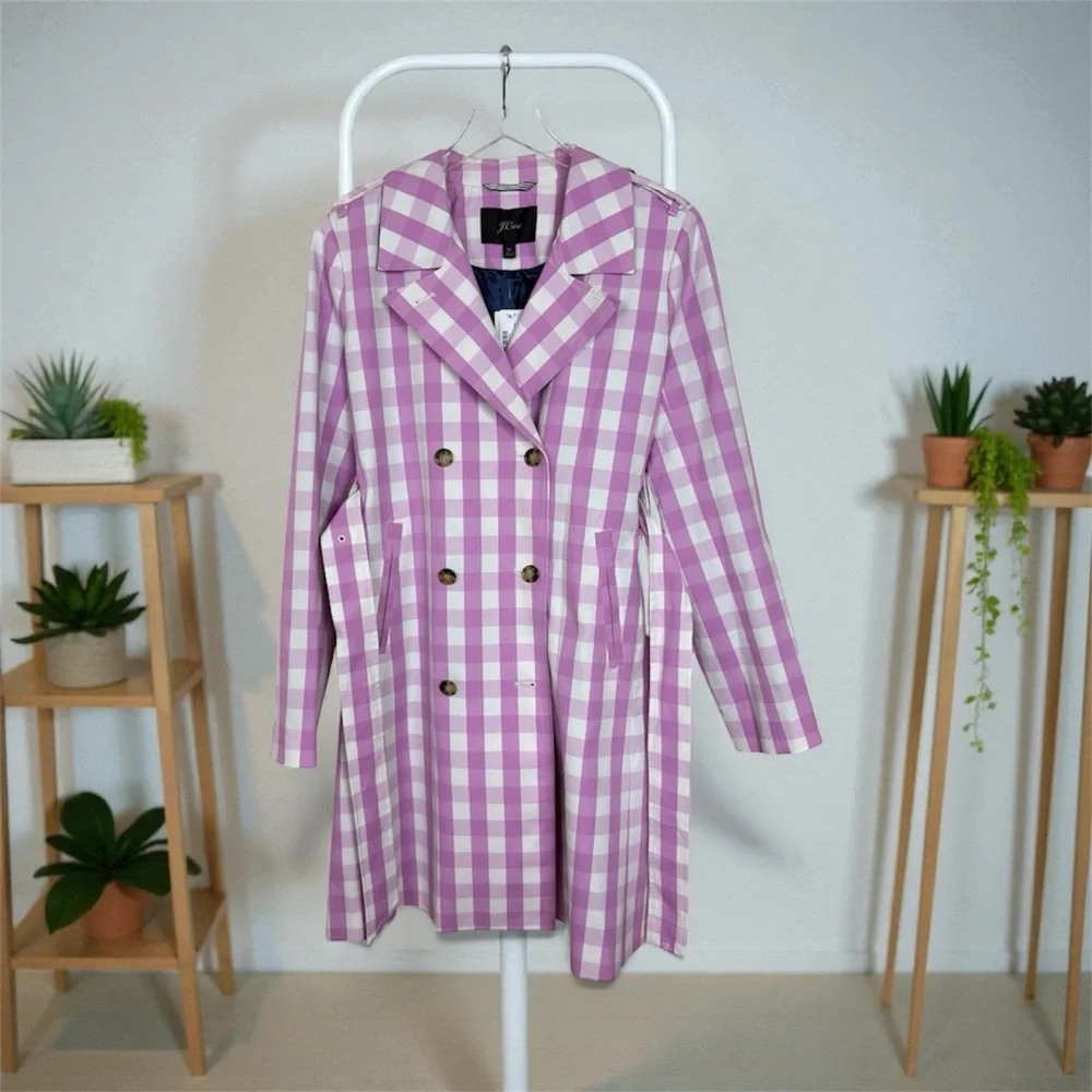 J. Crew Pink Gingham Trench Coat -Size 12-Belted NWT - Picture 3 of 16